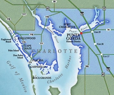 Punta Gorda juts into Charlotte Harbor at the point where the Peace River flows into the harbor